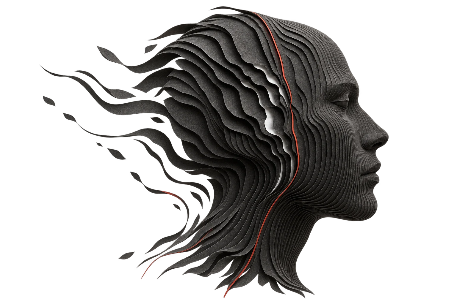 A layered graphite profile opening into loose contours, integrated with a flowing field of lines