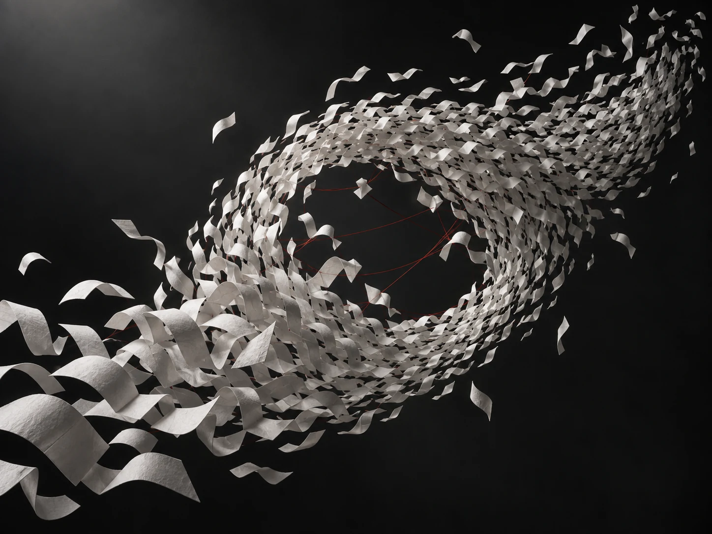 Hundreds of white paper folds form a sweeping wave against charcoal black, linked by fine red threads