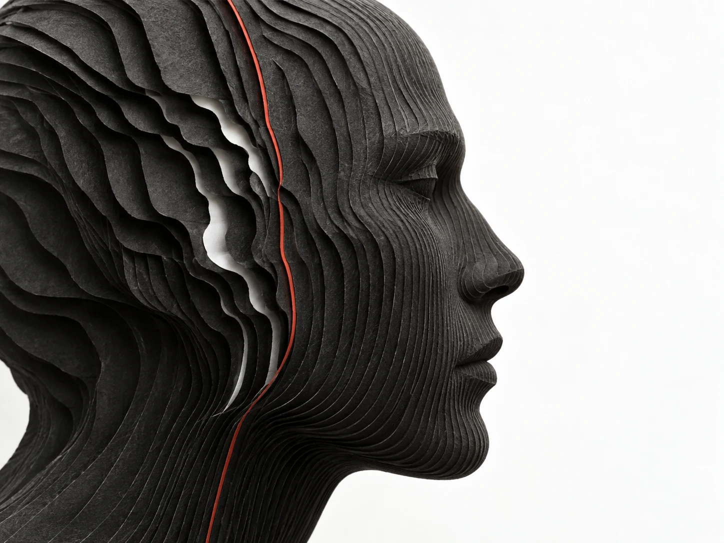 An anonymous human profile made from offset black paper layers with a narrow red seam