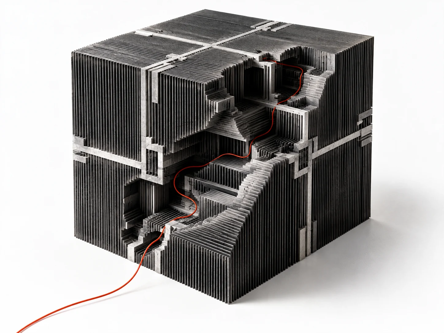 A layered graphite cube with a stepped interior and a thin red thread passing through it
